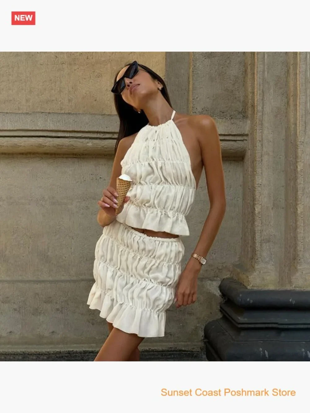 Y2K Boho Two Piece Skirt Set Pleated Ruffled Backless Crop Top Lace Up See